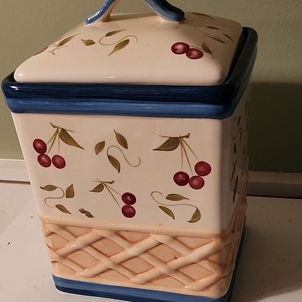 Cherry Pattern Ceramic Canister with Blue Accents